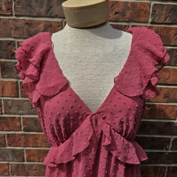 Francescas Ruffle Strap Clipdot Maxi Dress Rose Cutout Sleeveless Ruffle Sz L - Picture 6 of 14